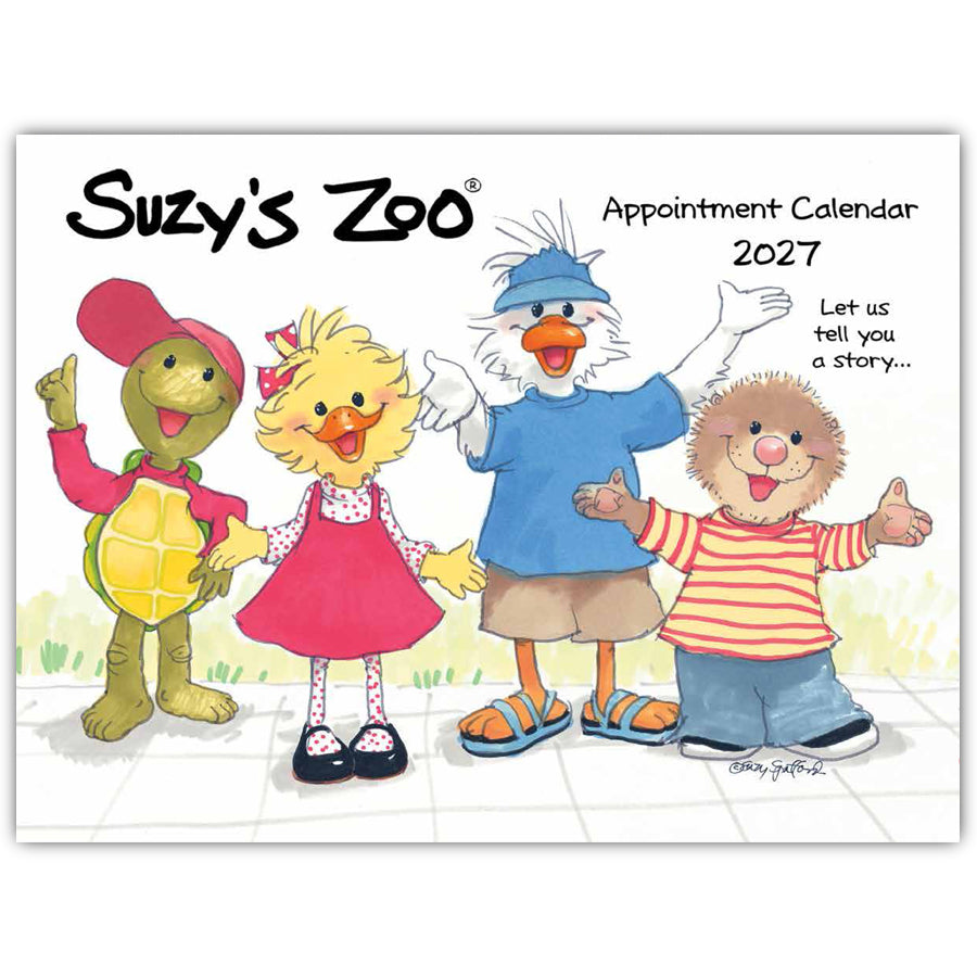 2027 Suzy's Zoo appointment calendar cover, showing suzy ducken, jack quacker, and corky turtle waving to viewers.