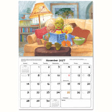 2027 Suzy's Zoo appointment calendar open to February, showing Duckport characters reading a bedtime story book together on a couch