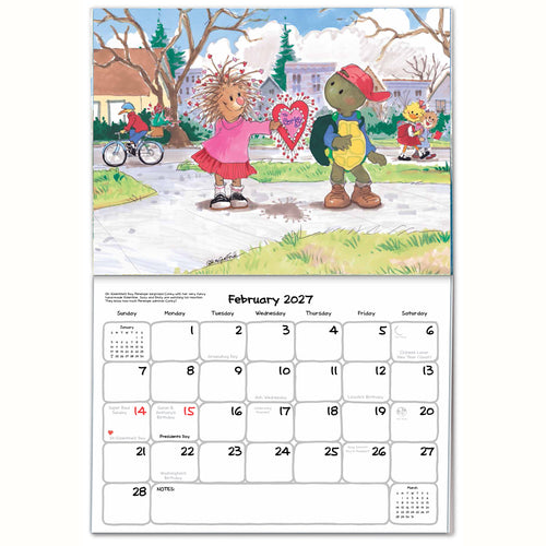 2027 Suzy's Zoo appointment calendar open to February, showing Duckport characters Penelope porcupine and Corky turtle exchanging a valentine's day card
