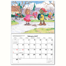 2027 Suzy's Zoo appointment calendar open to February, showing Duckport characters Penelope porcupine and Corky turtle exchanging a valentine's day card