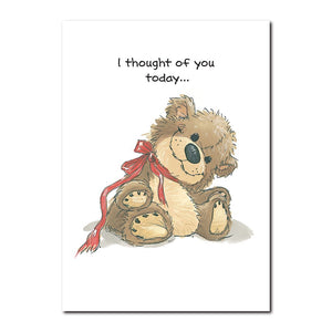 This soft old bear sits on Suzy Ducken's bed and smiles at her whenever she comes in the room.This old bear sits on Suzy Ducken's bed and smiles at her whenever she comes in the room in this Suzy's Zoo friendship card.