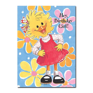 Suzy Ducken is THE Birthday Girl of Duckport! Saying "Hey Birthday girl" in this Suzy's Zoo happy birthday greeting card.