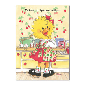 Suzy Ducken makes a special wish come true by baking a cake in her kitchen in this Suzy's Zoo happy birthday greeting card.