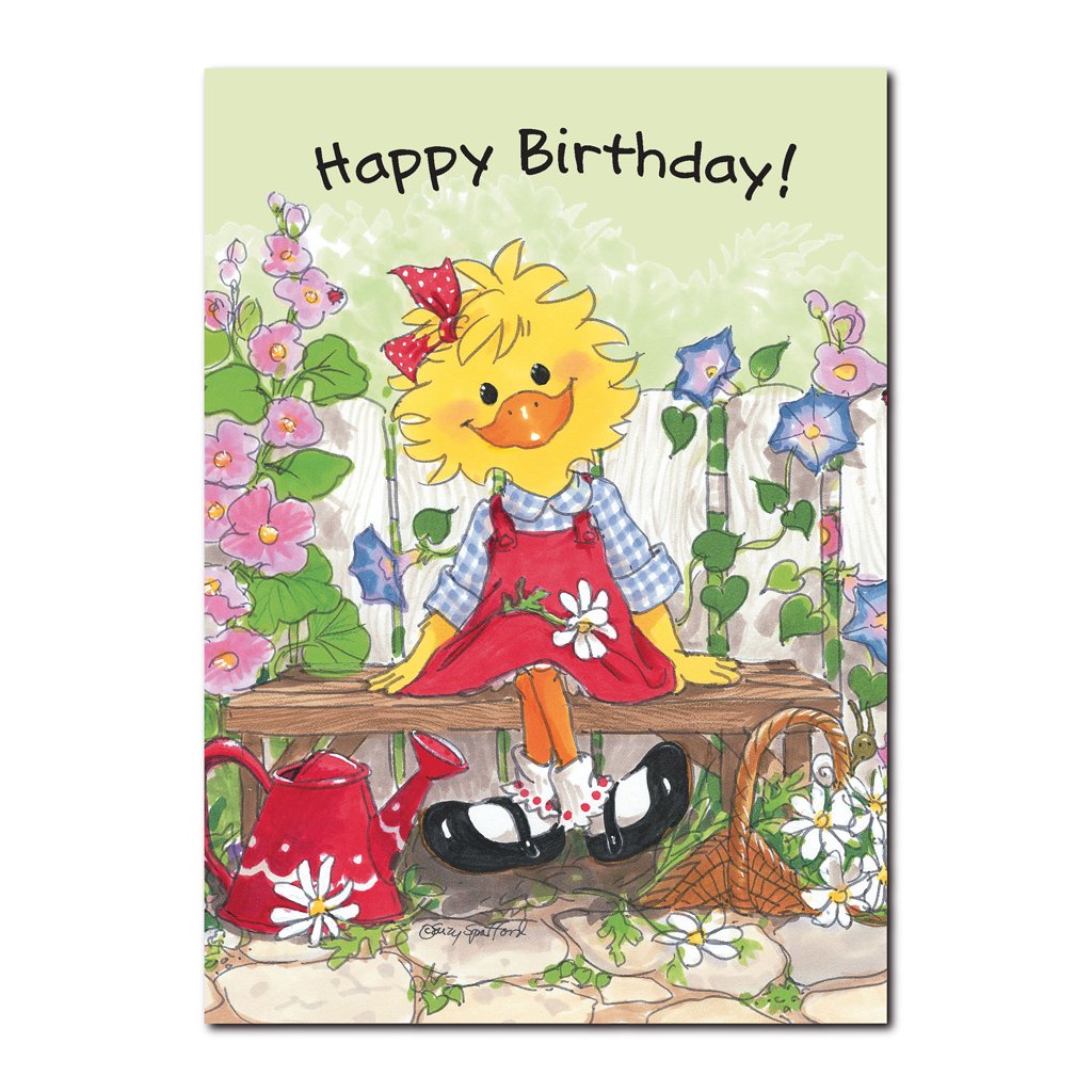 This Suzy's Zoo Happy Birthday greeting card features Suzy Ducken basking on the garden bench in the glory of her garden.