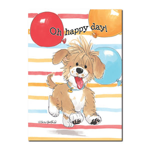 This Suzy's Zoo Wags and Whiskers Birthday card features the happy little brown puppy named Baxter. 
