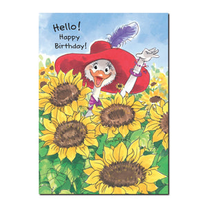 Cornelia O'Plume's favorite flower is the sunflower in this Suzy's Zoo Happy Birthday greeting card. 