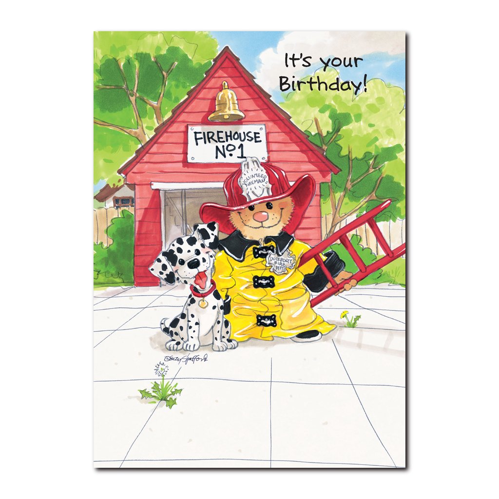 Ollie Marmot admires the Duckport Firemen in this Happy Birthday greeting card from Suzy's Zoo.