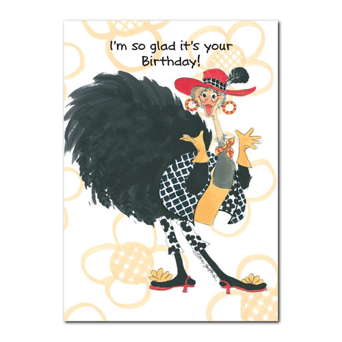 The ostrich Cornelia O'Plume is a bigger-than-life character in Duckport in this Suzy's Zoo Happy Birthday greeting card.