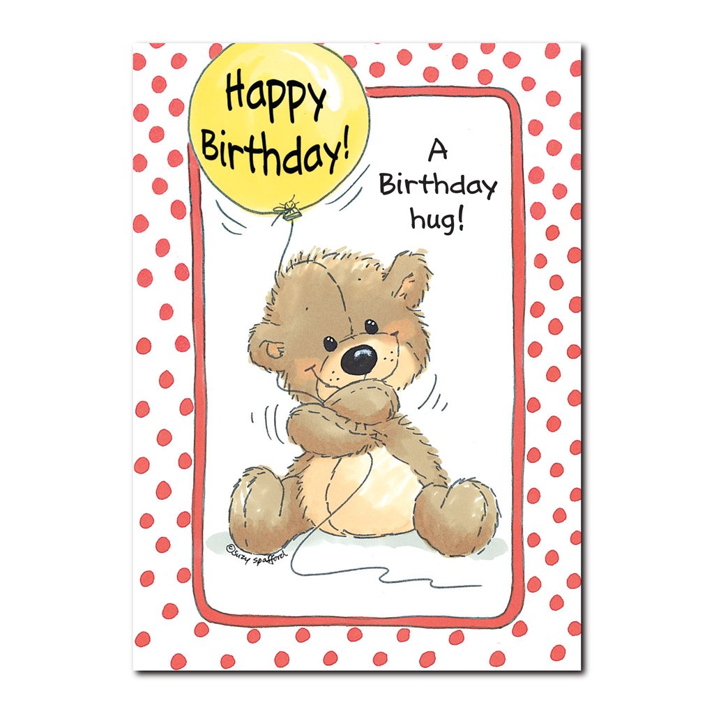 Brown stuffed teddy bear Huggy Bear and his yellow balloon feature on this Suzy's Zoo Birthday greeting card. 