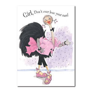 Cornelia O'Plume just can't help herself from being colorful and sassy on this Suzy's Zoo friendship greeting card.