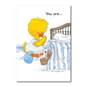 Suzy Ducken says her prayers every night before bedtime on this Suzy's Zoo friendship greeting card.