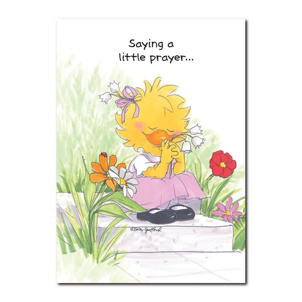 Suzy Ducken wants you to know, you are in her thoughts and prayers in this Suzy's Zoo get well greeting card.