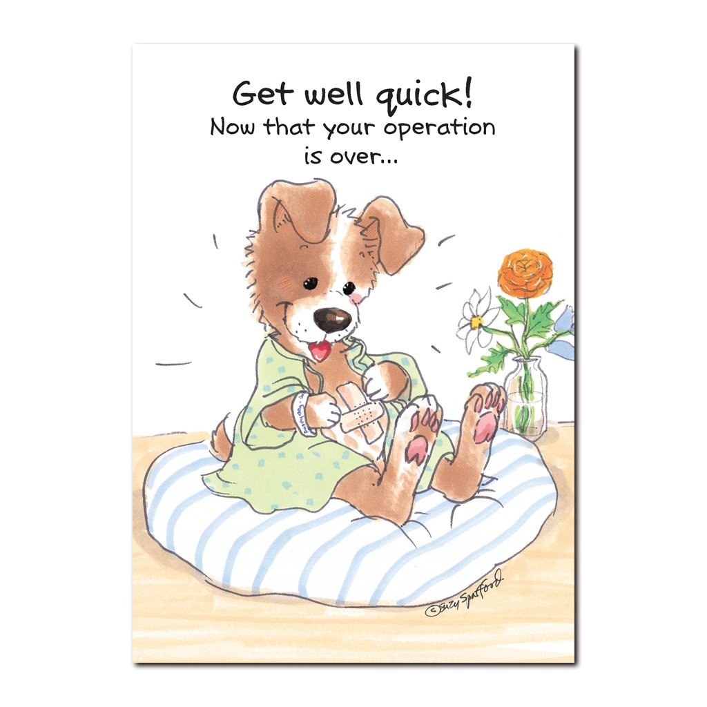 This little puppy is all wags and happy to be on the mend in this Suzy's Zoo get well greeting card.