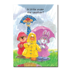 Witzy and friends Boof, Patches and Lulla are ready for rainy weather in this get well greeting card from Little Suzy's Zoo.