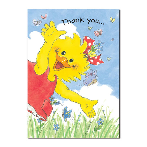 Suzy Ducken feels great whenever she visits Butterfly Meadow just down the street on this Suzy's Zoo thank you greeting card.