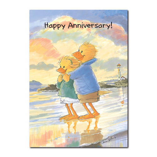 Lizzie and Lester Ducken are a couple who take a moment to bask and reflect on this anniversary greeting card from Suzy's Zoo.