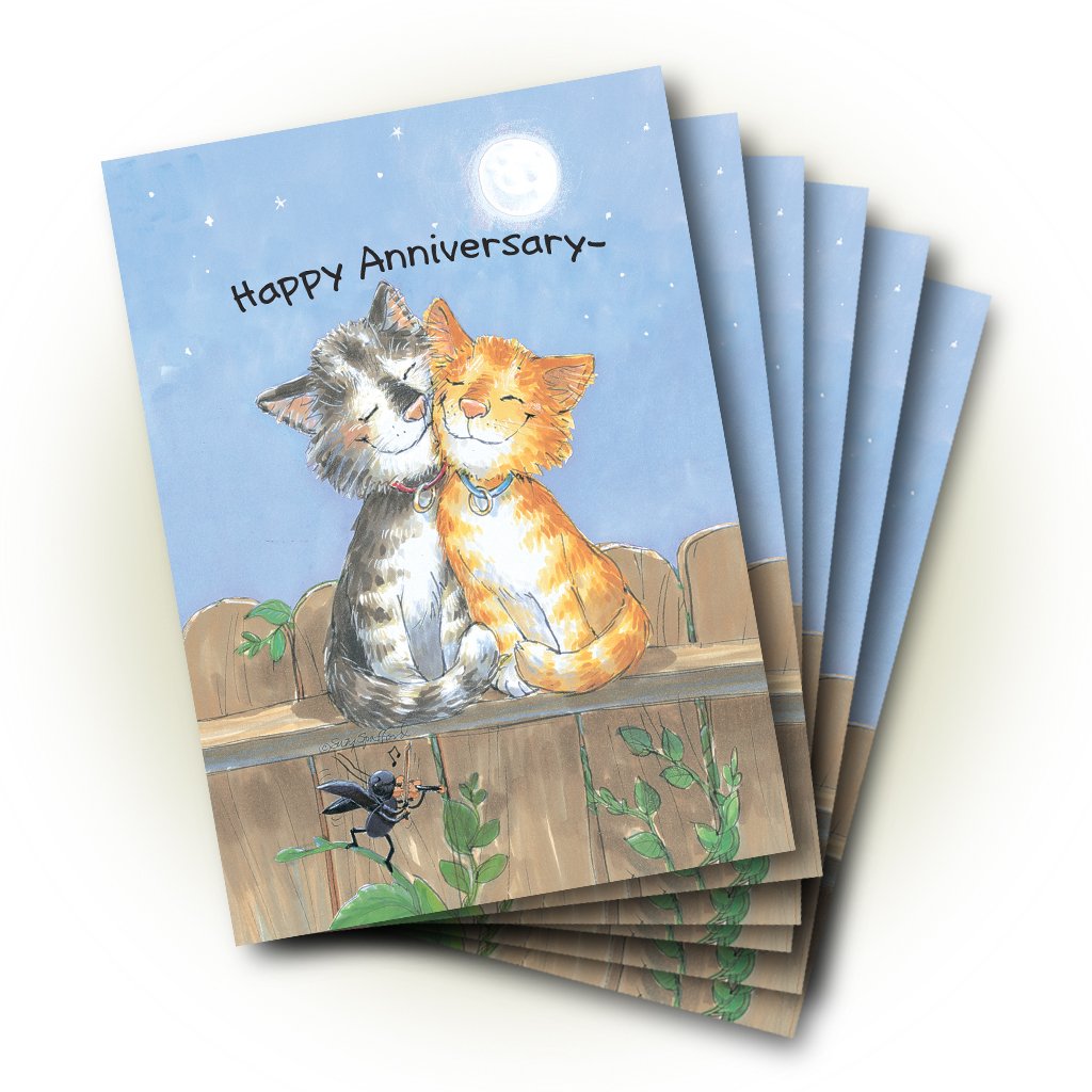 Kitty Couple on Fence Anniversary Greeting Card