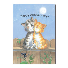 Hearts and tails entwined, a full moon overhead, and an evening's love song for two cats in this Suzy's Zoo anniversary card.