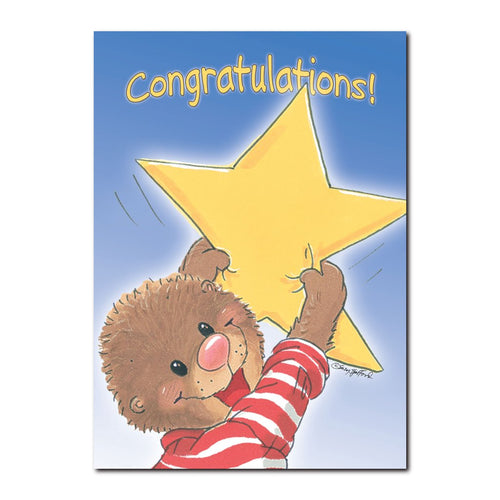Ollie Marmot is one of the best cheerleaders in Duckport in this congratulations greeting card from Suzy's Zoo.