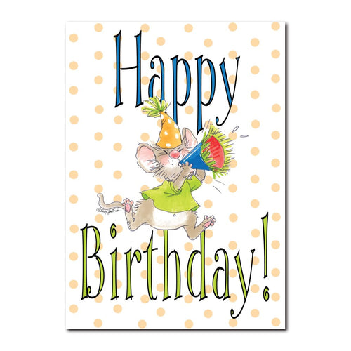 Herkimer loves to celebrate, especially on birthdays in this Happy Birthday greeting card from Suzy's Zoo.