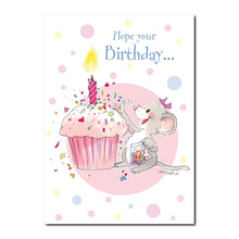 Midge Mouse expresses herself with cupcake sprinkles in this Happy Birthday greeting card from Suzy's Zoo.