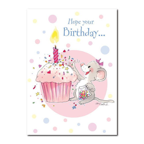 Midge Mouse expresses herself with cupcake sprinkles in this Happy Birthday greeting card from Suzy's Zoo.