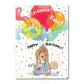 Suzys Zoo colorful happy birthday greeting card featuring Ollie Marmot with his hands full of big colorful party ballons.
