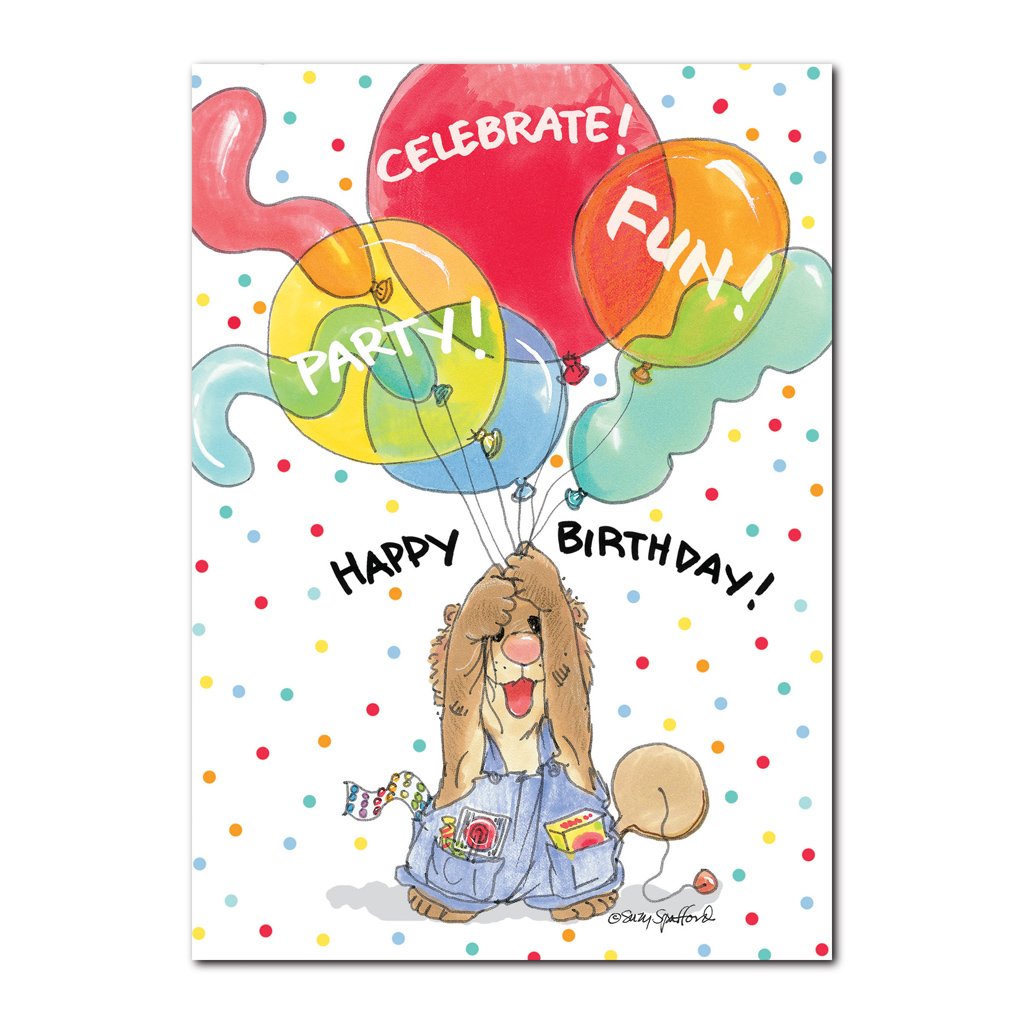 Suzys Zoo colorful happy birthday greeting card featuring Ollie Marmot with his hands full of big colorful party ballons.