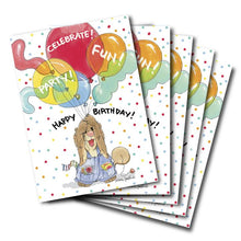 Suzys Zoo happy birthday greeting card featuring Ollie Marmot with his hands full of big colorful party ballons, set of six.