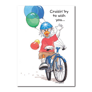 Bicycles are popular in Duckport - Jack Quacker is proud of his shiny racer in this Birthday greeting card from Suzy's Zoo.