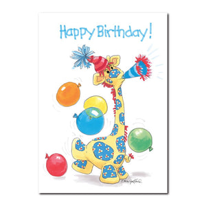 Patches giraffe kicks up the birthday balloons as he toots on his horn in this Suzy's Zoo happy birthday greeting card.