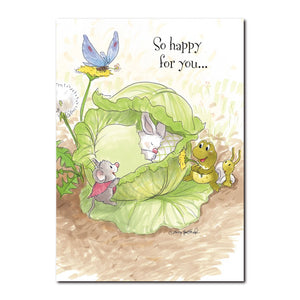 This little baby bunny arrived one morning, tucked snugly into a cabbage bed in this Suzy's Zoo baby congrats card.