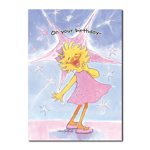 Suzy Ducken truly shines as the star of Duckport on this Happy Birthday greeting card from Suzy's Zoo.