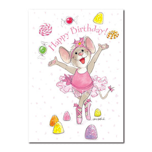 Tilly twinkles on her toes in the famous Candy Dance in this Happy Birthday greeting card from Suzy's Zoo.