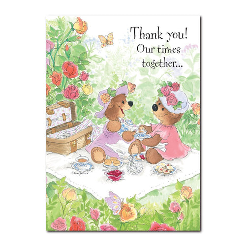 The lady bears of Duckport enjoy having tea out in the rose garden in this Thank You greeting card from Suzy's Zoo.