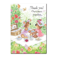 The lady bears of Duckport enjoy having tea out in the rose garden in this Thank You greeting card from Suzy's Zoo.