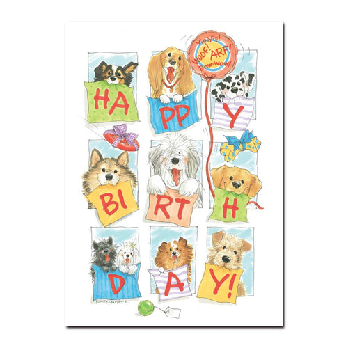 Here are the doggies of Duckport in this Happy Birthday greeting card from Suzy's Zoo, featuring many dog breeds.