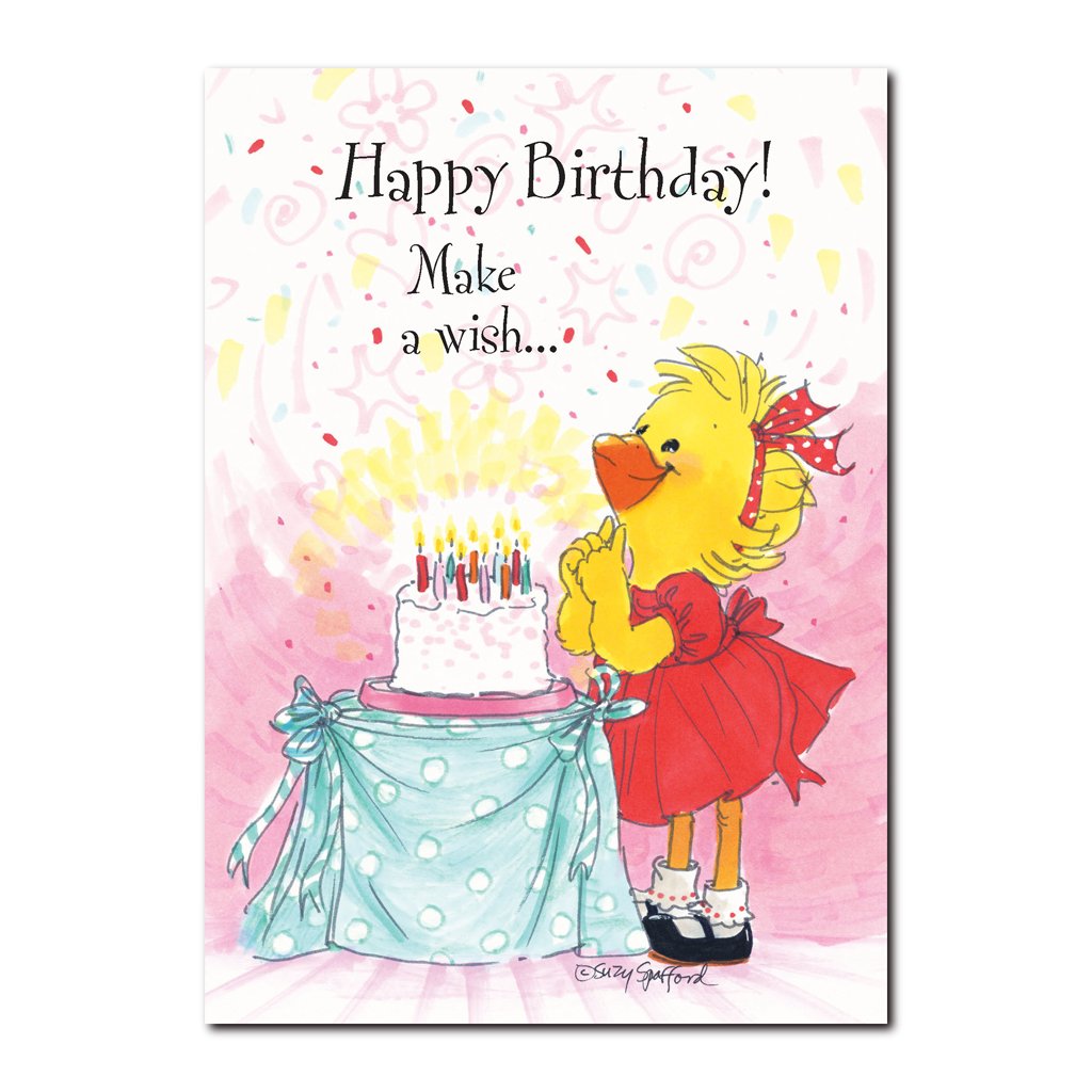 Suzy Ducken takes her Birthday Candle wish very seriously. Don't you? On this Happy Birthday greeting card from Suzy's Zoo.