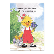 Suzy Ducken picks a bouquet of flowers to let someone know she is thinking of them in this Suzy's Zoo get well card.