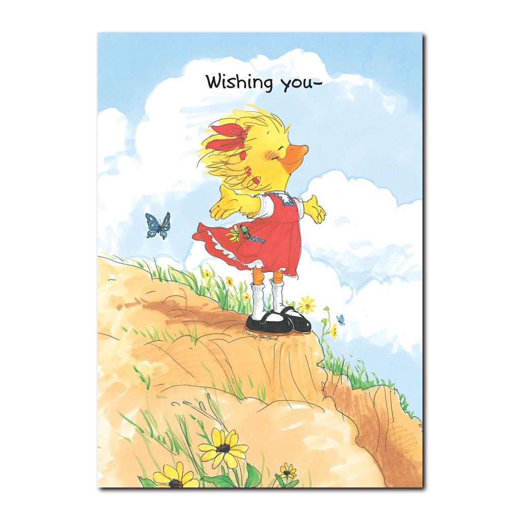 Suzy Ducken enjoys the warm, fragrant breezes up on Windy Hill in this Suzy's Zoo friendship greeting card.
