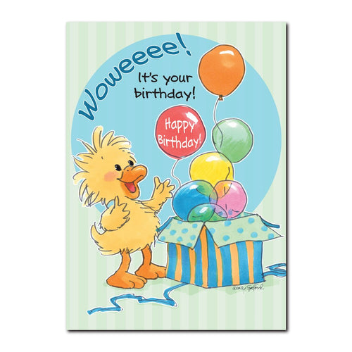 This Happy Birthday greeting card from Suzy's Zoo features Witzy opening up a colorful box full of bright balloons. 