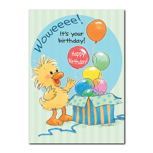 This Happy Birthday greeting card from Suzy's Zoo features Witzy opening up a colorful box full of bright balloons. 
