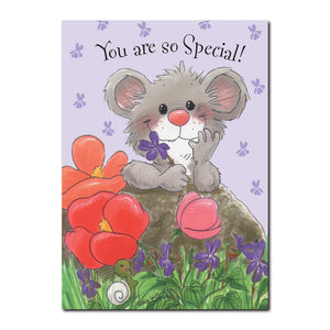 Herkimer has his own special spot in the garden where the violets bloom in this Happy Birthday greeting card from Suzy's Zoo.