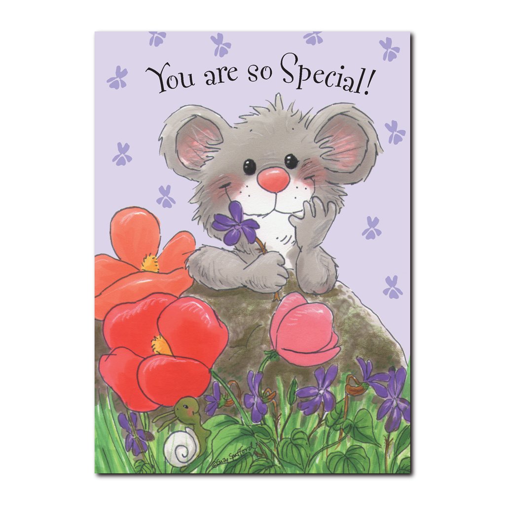 Herkimer has his own special spot in the garden where the violets bloom in this Happy Birthday greeting card from Suzy's Zoo.