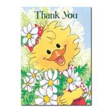 Suzy Ducken is collecting some "thank you" daisies in this thank you greeting card from Suzy's Zoo. 