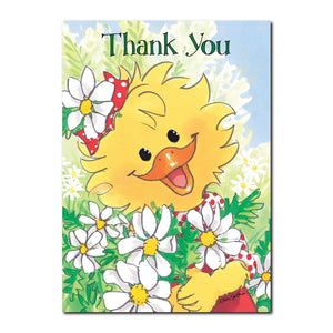 Suzy Ducken is collecting some "thank you" daisies in this thank you greeting card from Suzy's Zoo. 