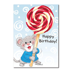 Herkimer knows some of the sweetest people and holds a lollipop in this Suzy's Zoo birthday greeting card.
