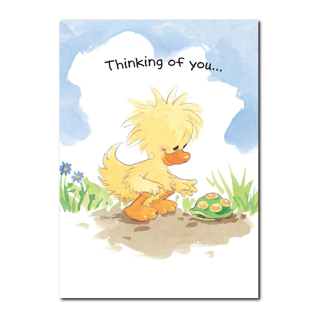 Witzy is checking up on Teeter in hopes that she is feeling better in this Suzy's Zoo friendship greeting card.