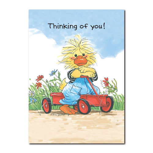 Fritz Quacker loves to go fast on his red wagon in this get well greeting card from Suzy's Zoo.
