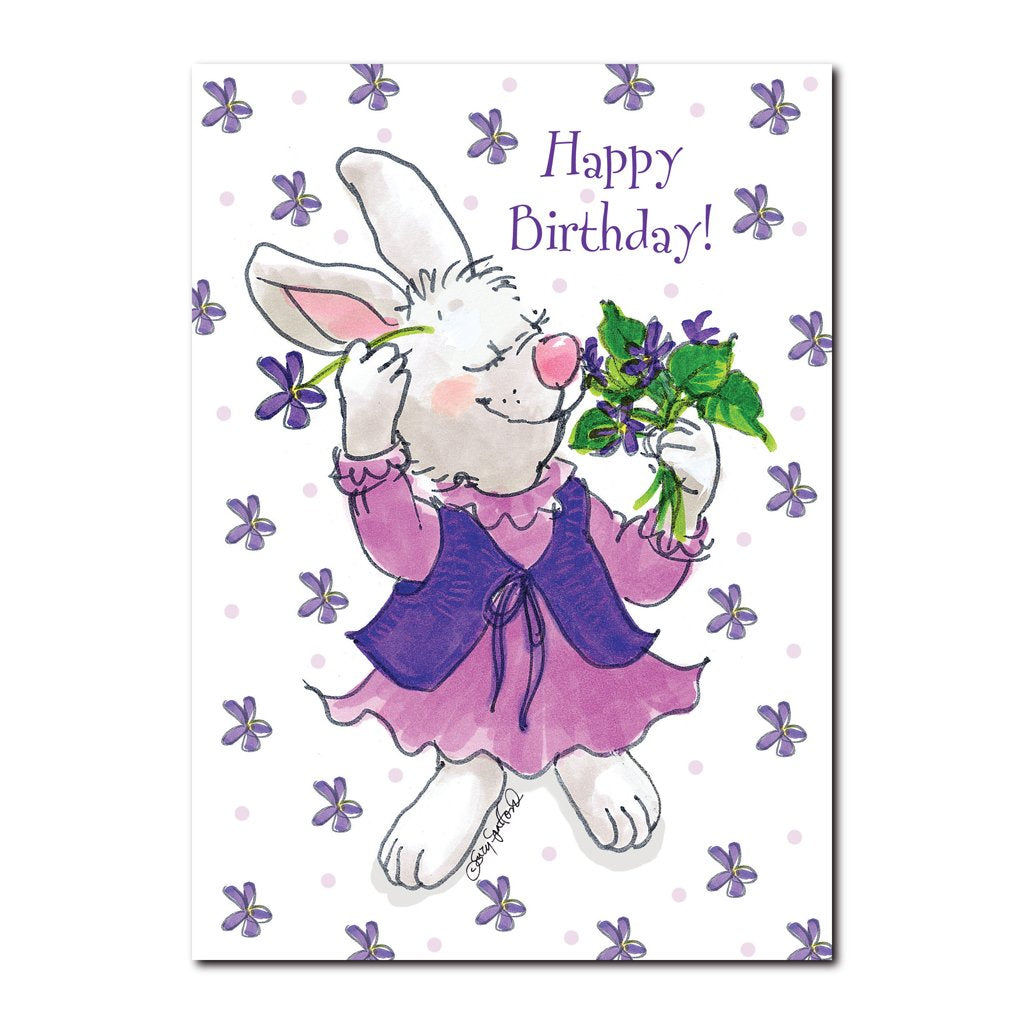Violet the rabbit loves everything purple in this happy birthday greeting card from Suzy's Zoo.